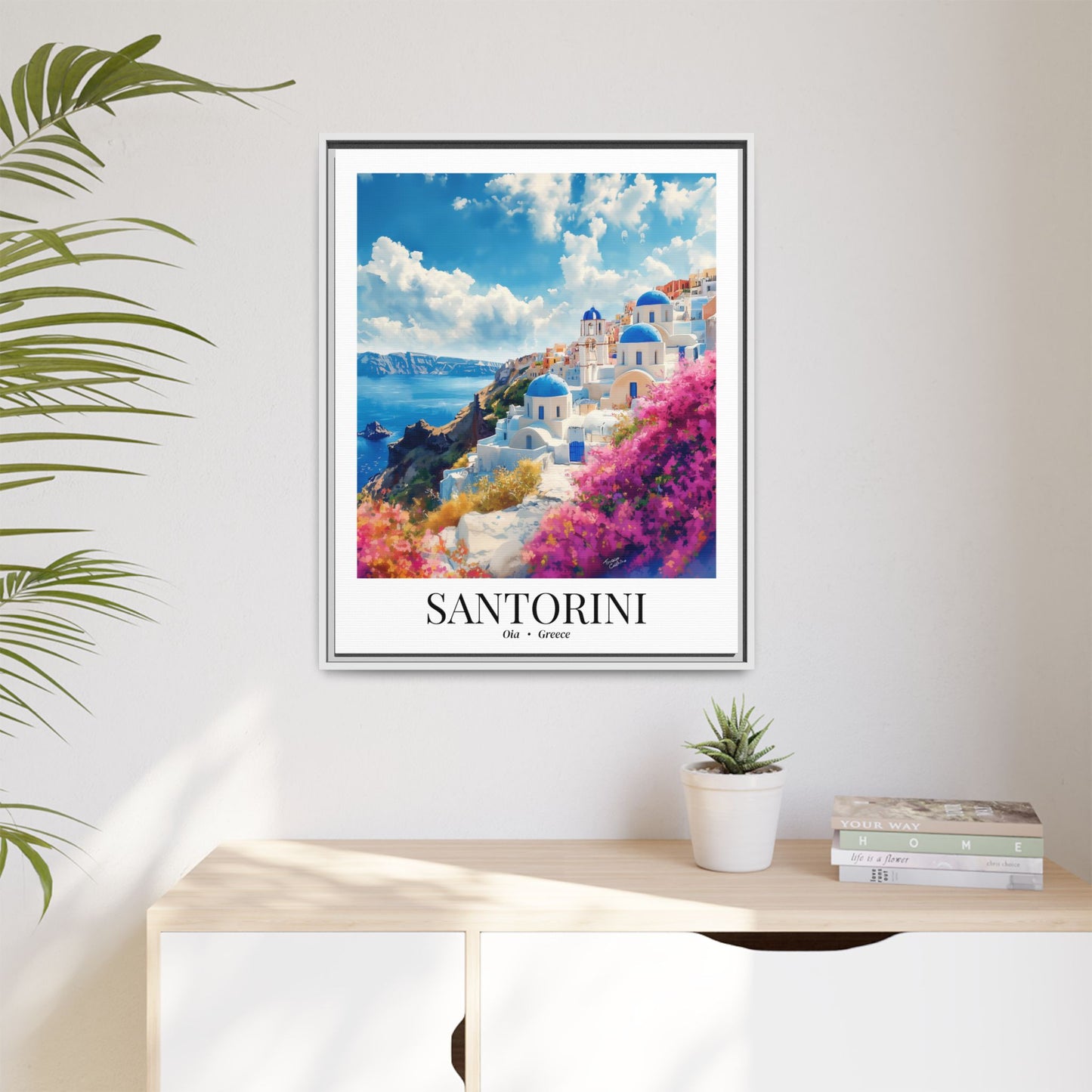 Santorini Framed Canvas Wall Art – Fine Art, Oia Sunset Print, Cruise Port Memory, Greece Travel Decor, Aegean Island Gift for Dreamers