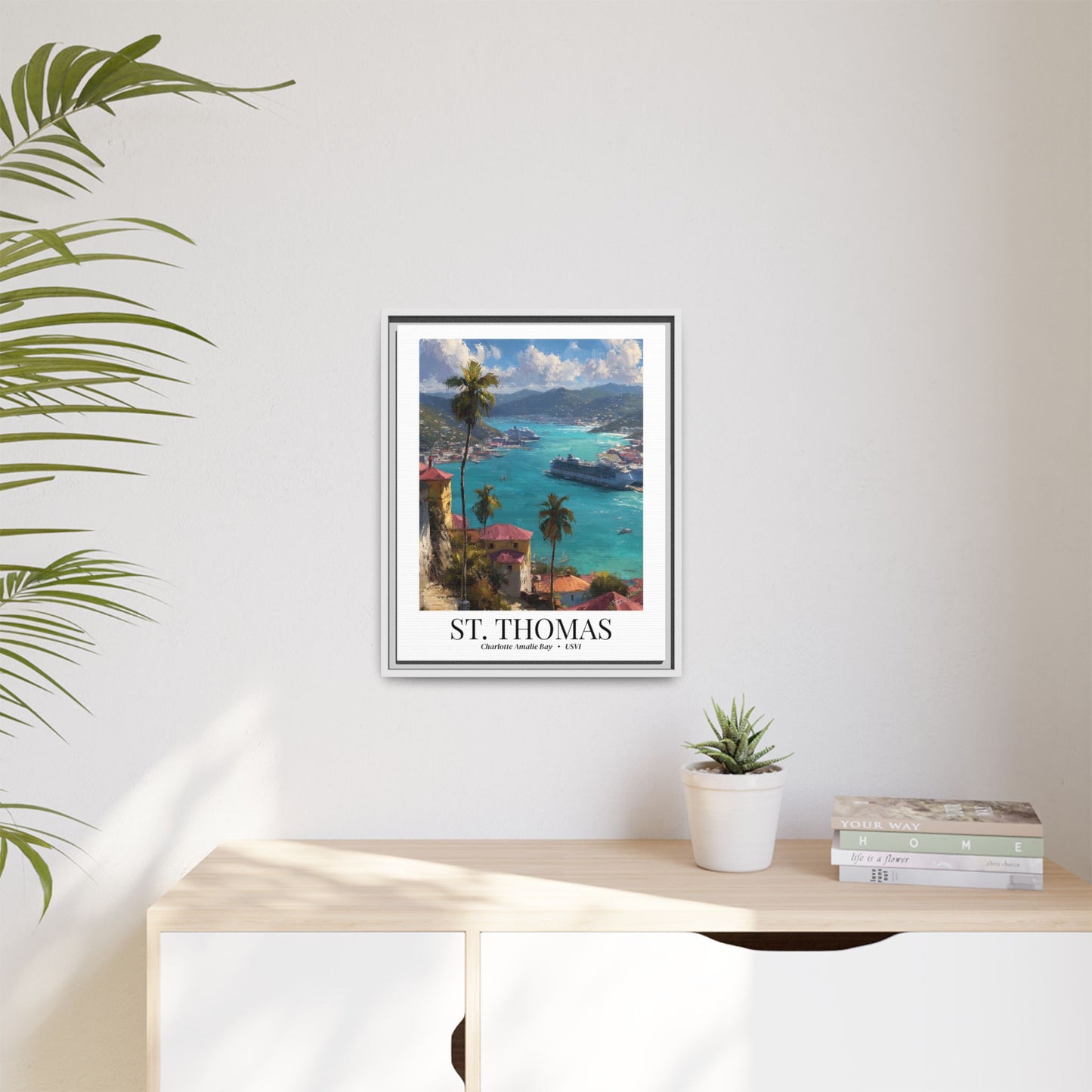 St. Thomas Framed Canvas Wall Art – Fine Art, Charlotte Amalie Bay Print, Travel Memory, Caribbean Wall Decor, Nature-Inspired Gift