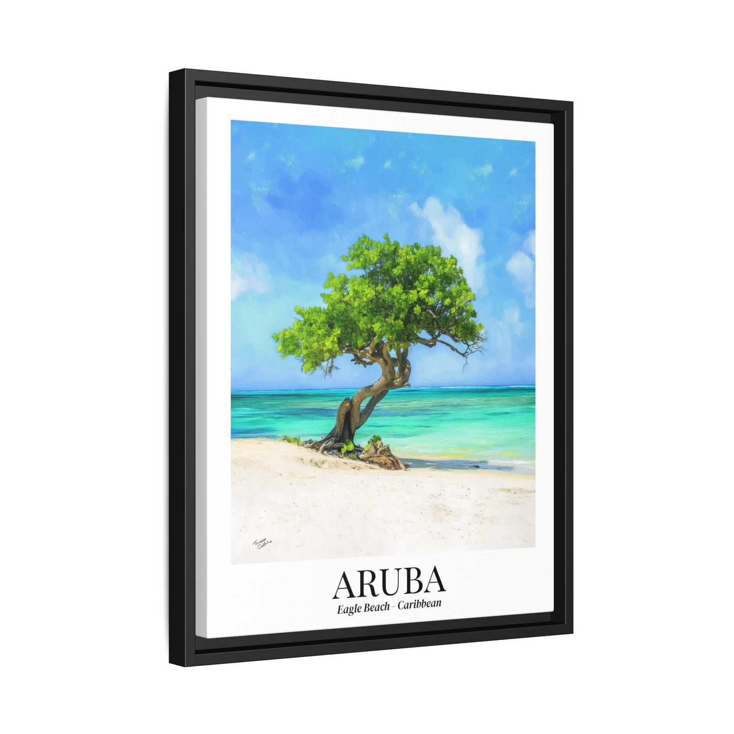 Aruba Framed Canvas Wall Art – Eagle Beach, Fofoti Tree Print, Cruise Ship Vacation Memory, Caribbean Decor, Beach House Gift for Travelers