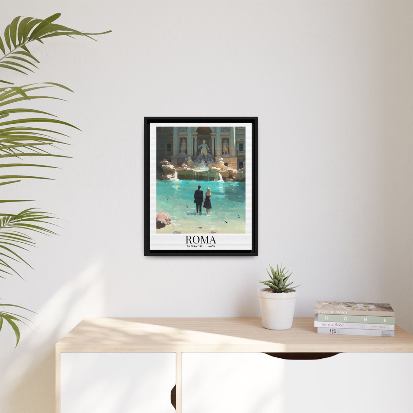 Rome Framed Canvas Wall Art – Fine Art, Trevi Fountain Print, La Dolce Vita Memory, Italy Travel Decor, Romantic Gift for Cinephiles