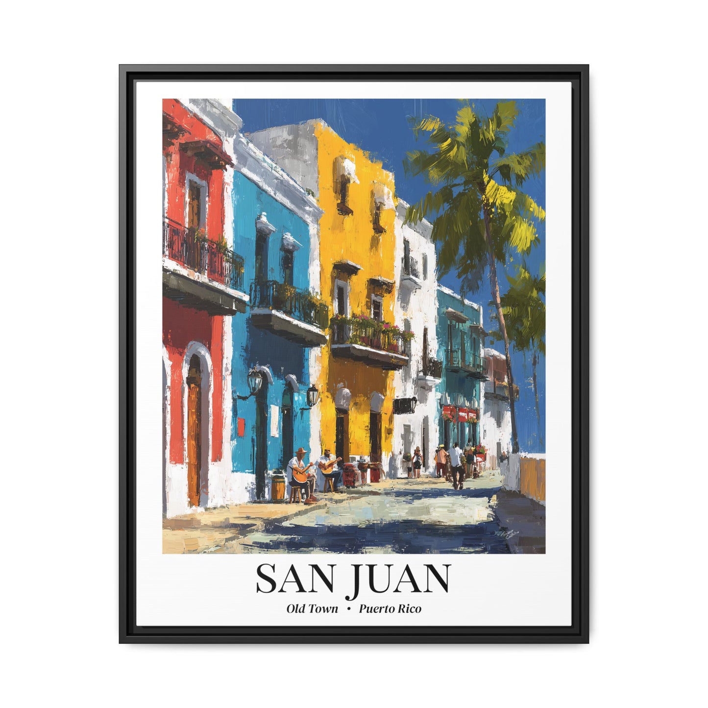 San Juan Framed Canvas Wall Art – Old Town Streets Print, Cruise Ship Vacation Memory, Puerto Rico Decor, Colonial Architecture Gift for Travelers