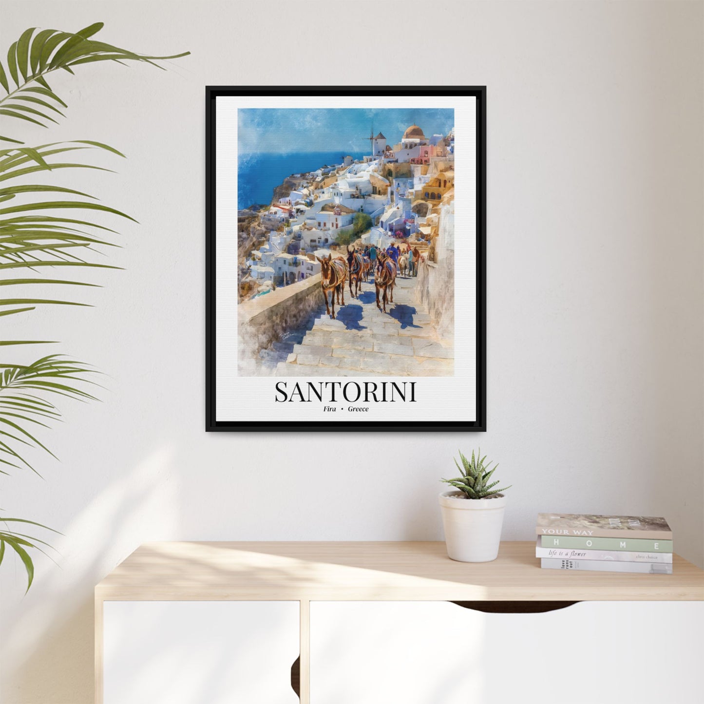 Santorini Framed Canvas Wall Art – Fine Art, Donkeys of Fira Print, Travel Memory, Greece Wall Decor, Nature-Inspired Gift
