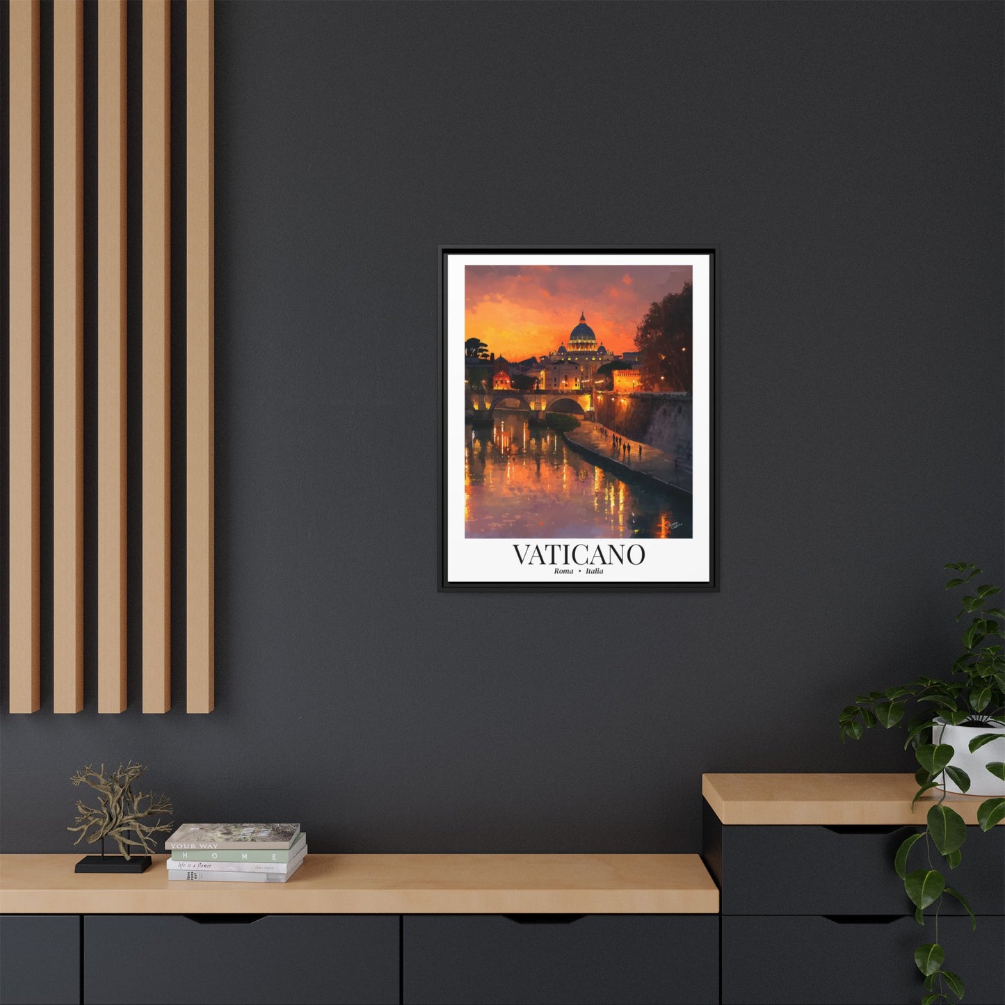 Vatican Framed Canvas Wall Art – Fine Art, Tiber River Sunset Print with Vatican View, Rome Sunset, Cruise Port Memory, Italy Travel Decor, Romantic Gift for Wanderers