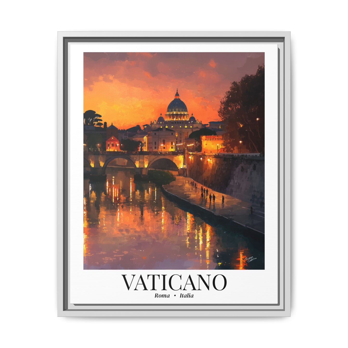 Vatican Framed Canvas Wall Art – Fine Art, Tiber River Sunset Print with Vatican View, Rome Sunset, Cruise Port Memory, Italy Travel Decor, Romantic Gift for Wanderers