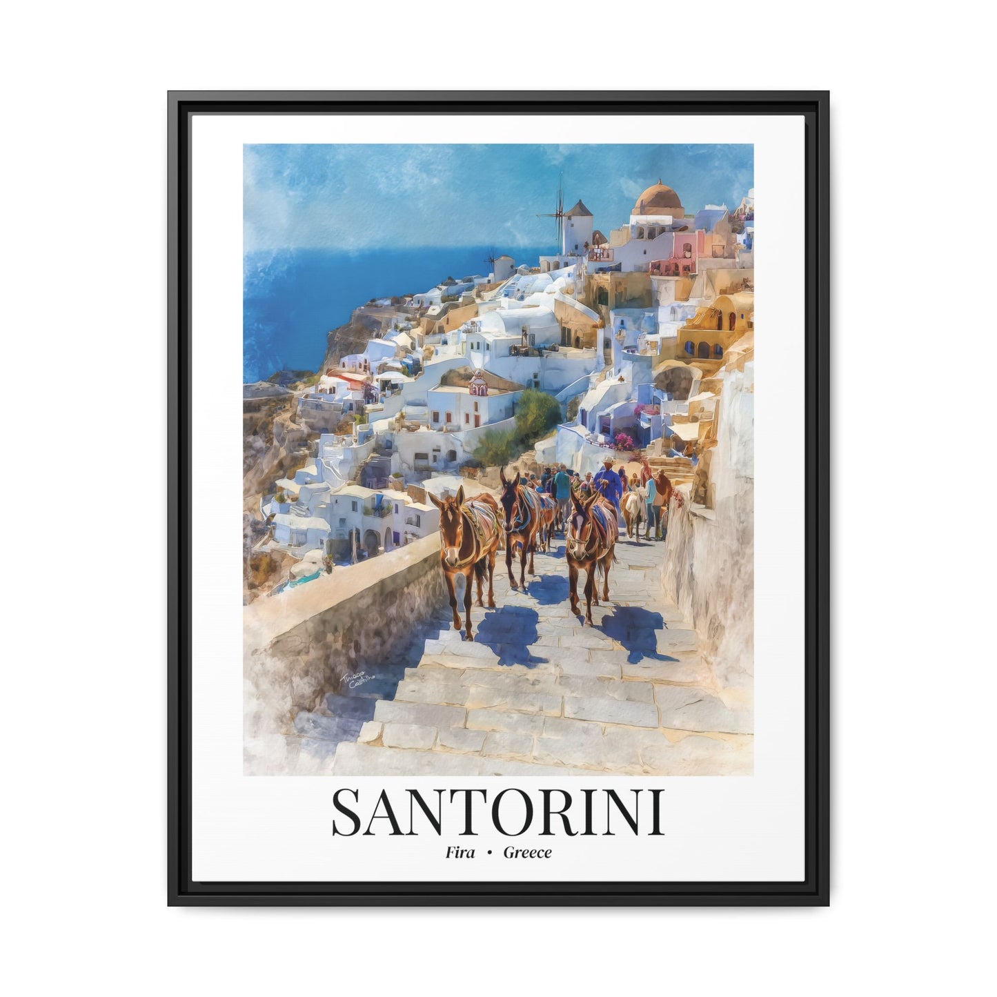 Santorini Framed Canvas Wall Art – Fine Art, Donkeys of Fira Print, Travel Memory, Greece Wall Decor, Nature-Inspired Gift