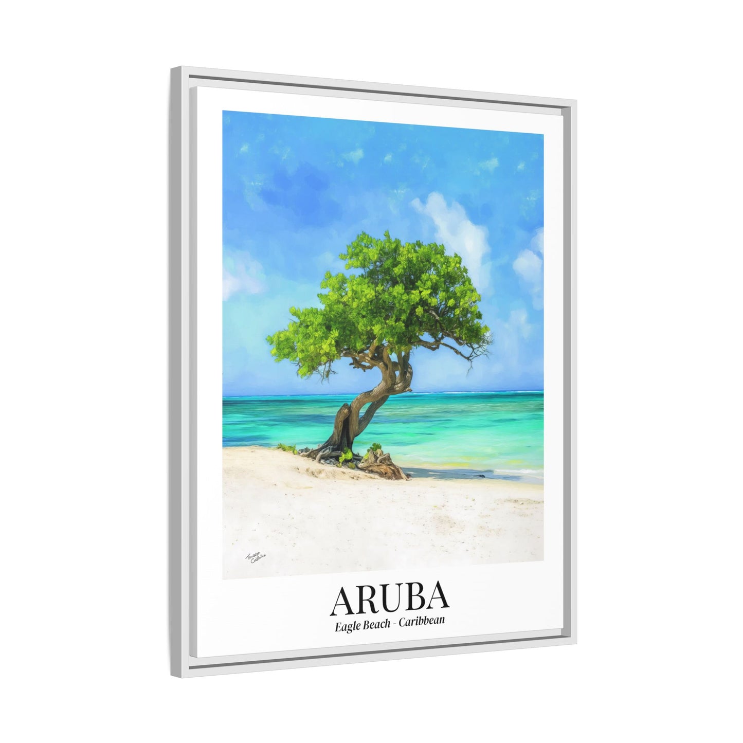 Aruba Framed Canvas Wall Art – Eagle Beach, Fofoti Tree Print, Cruise Ship Vacation Memory, Caribbean Decor, Beach House Gift for Travelers