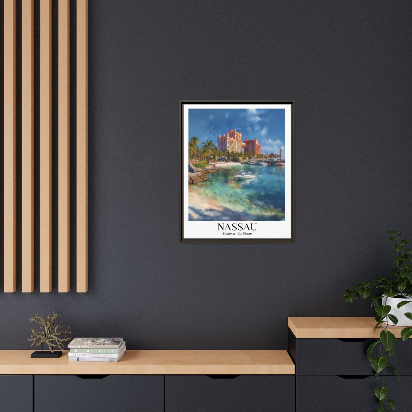 Nassau Framed Canvas Wall Art – Atlantis Resort Print, Cruise Ship Vacation Memory, Bahamas Decor, Beach House Gift for Travelers