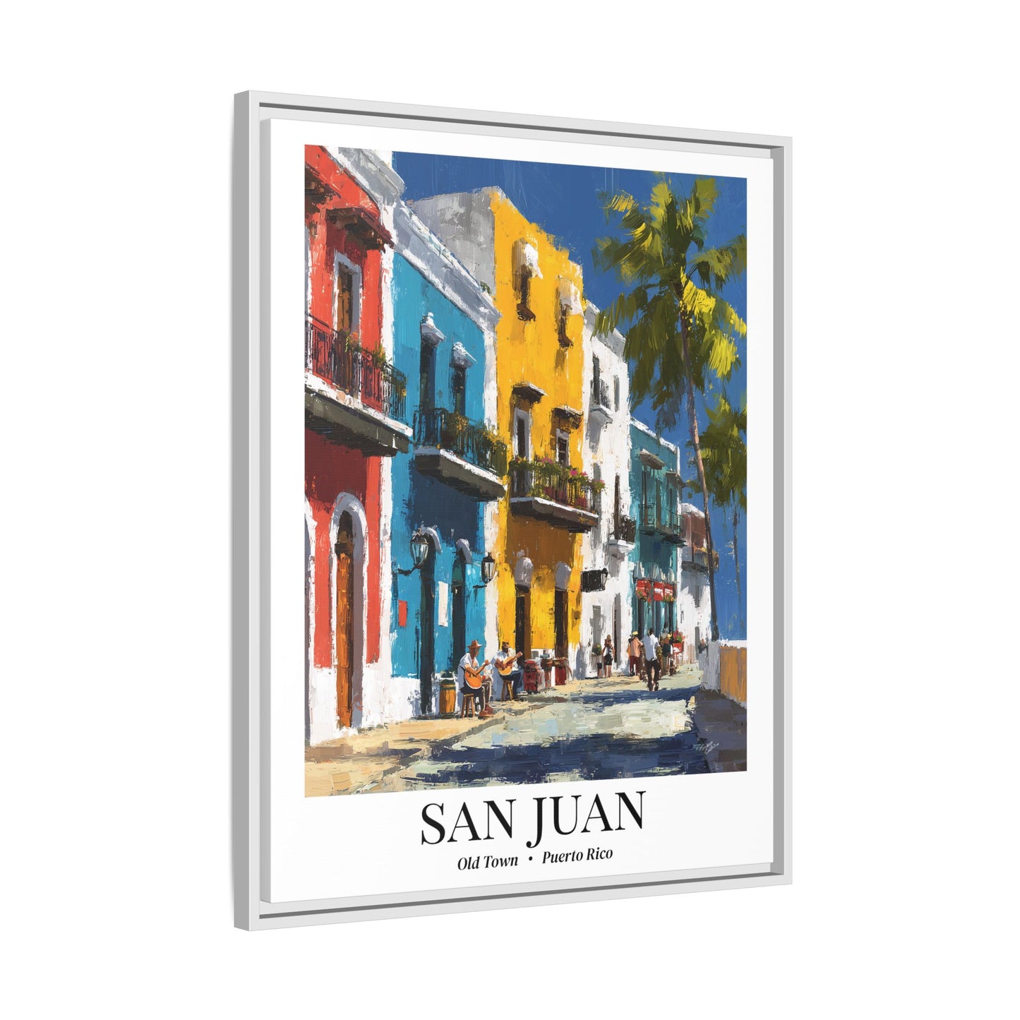San Juan Framed Canvas Wall Art – Old Town Streets Print, Cruise Ship Vacation Memory, Puerto Rico Decor, Colonial Architecture Gift for Travelers