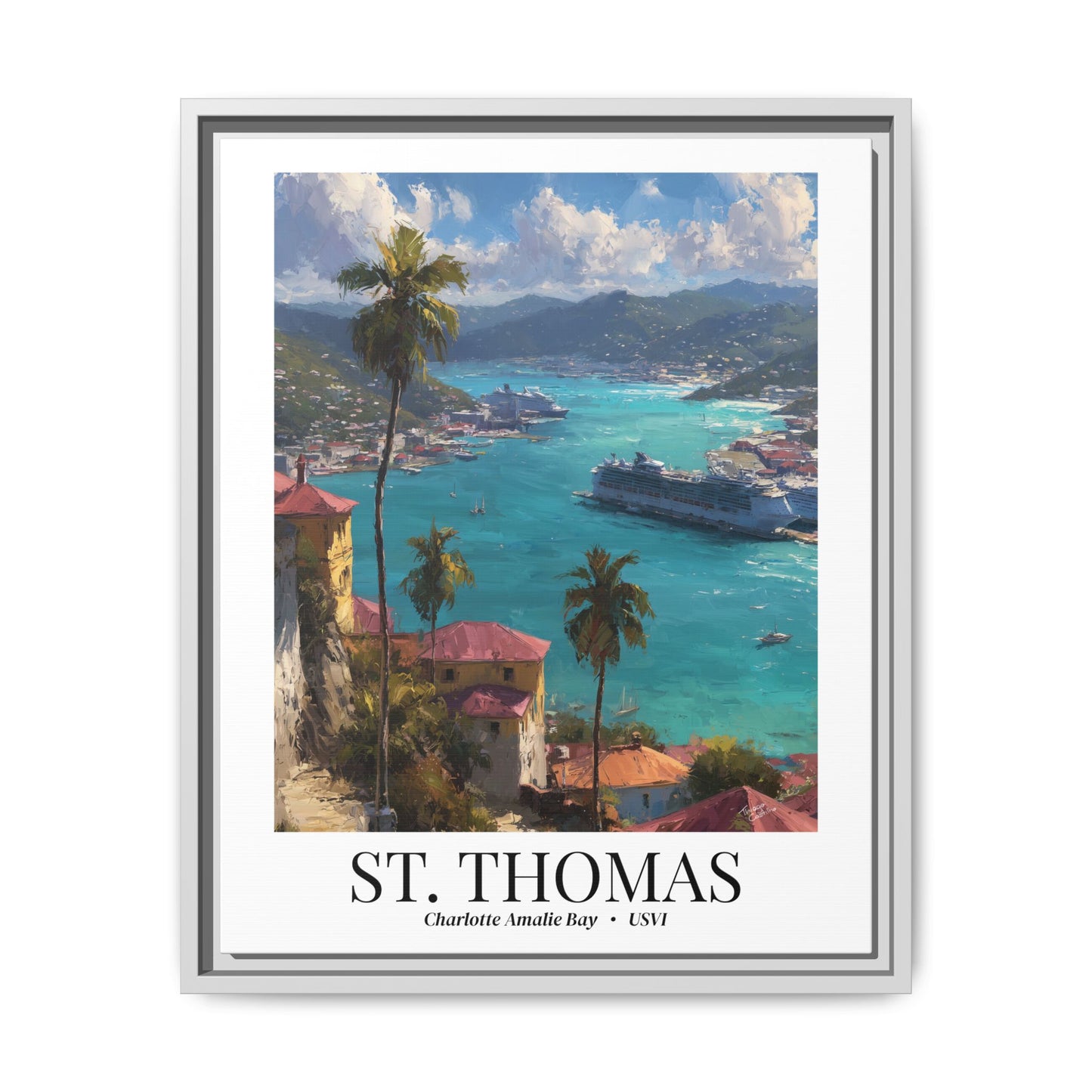 St. Thomas Framed Canvas Wall Art – Fine Art, Charlotte Amalie Bay Print, Travel Memory, Caribbean Wall Decor, Nature-Inspired Gift