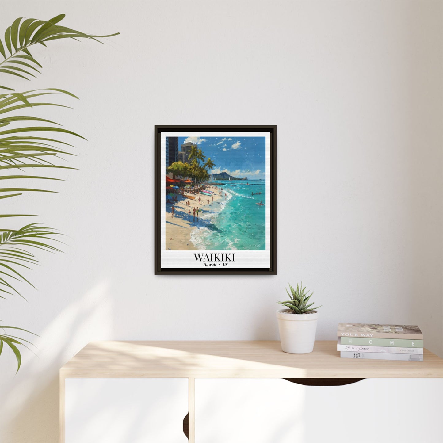 Waikiki Beach Poster Canvas Framed | Tropical Hawaii Wall Art