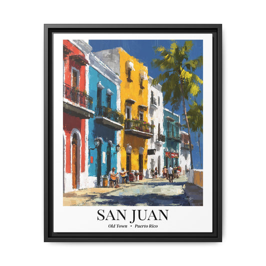 San Juan Framed Canvas Wall Art – Old Town Streets Print, Cruise Ship Vacation Memory, Puerto Rico Decor, Colonial Architecture Gift for Travelers