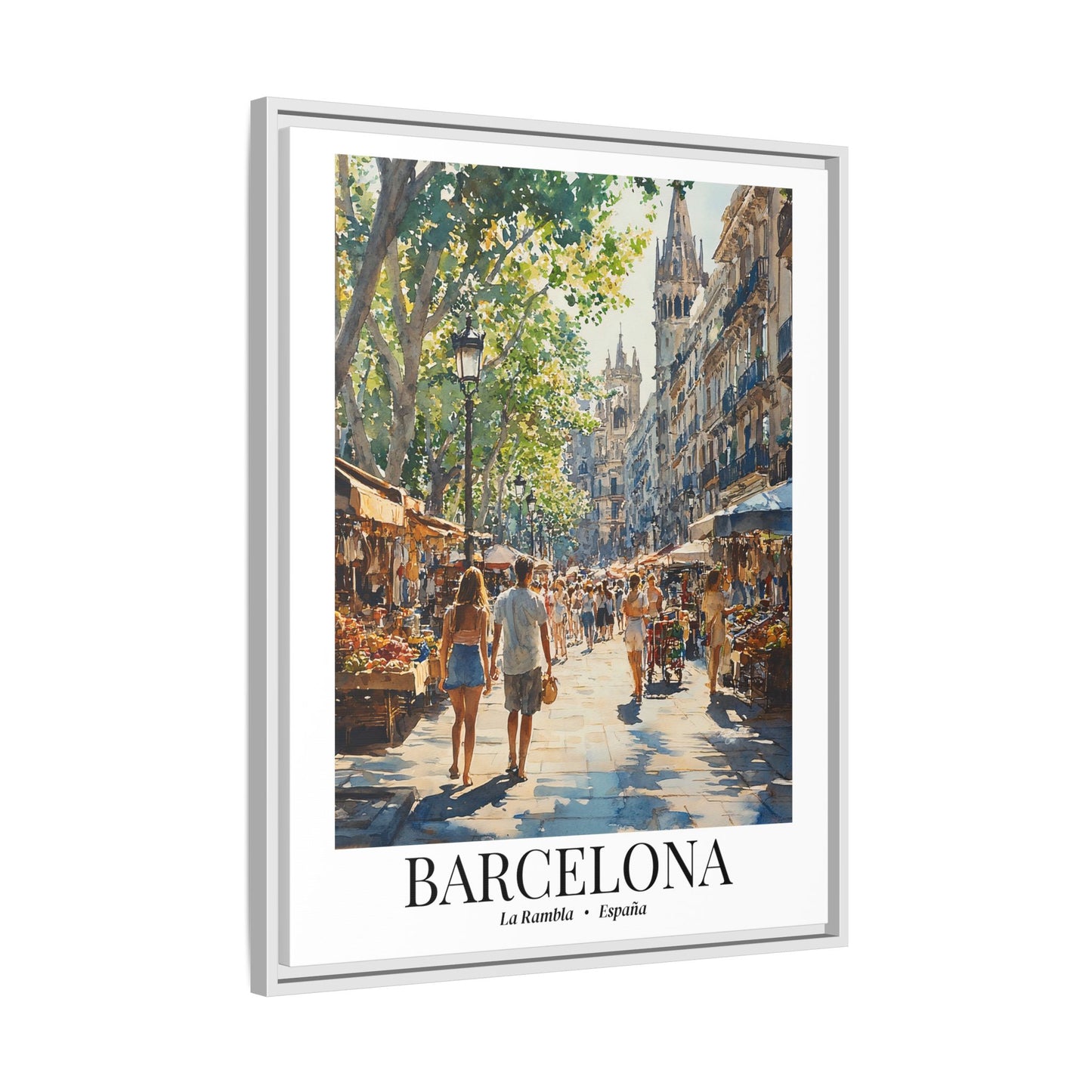 Barcelona Framed Canvas Wall Art – La Rambla Street Scene Print, Cruise Port Memory, Spain Travel Decor, Mediterranean Gift for City Lovers