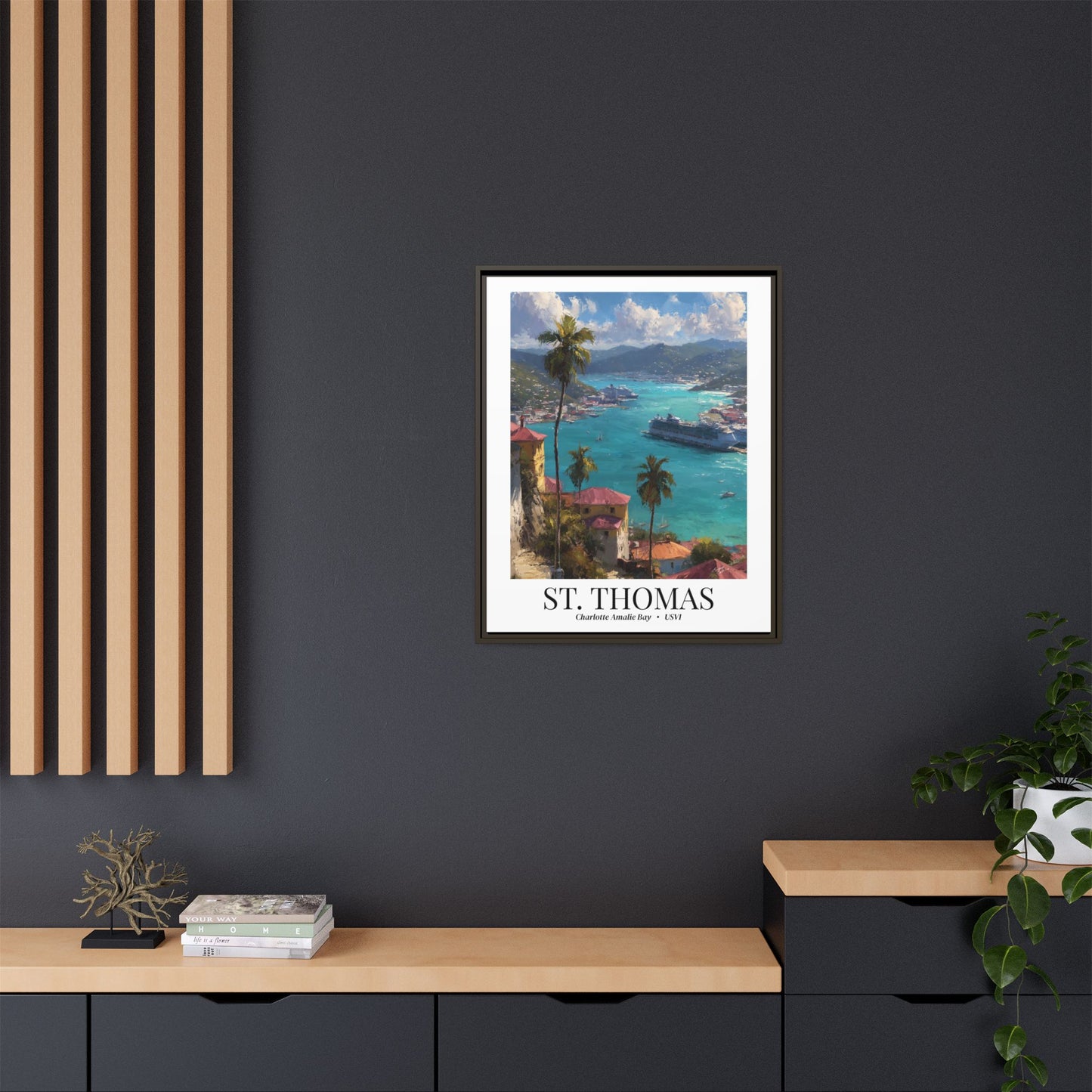 St. Thomas Framed Canvas Wall Art – Fine Art, Charlotte Amalie Bay Print, Travel Memory, Caribbean Wall Decor, Nature-Inspired Gift