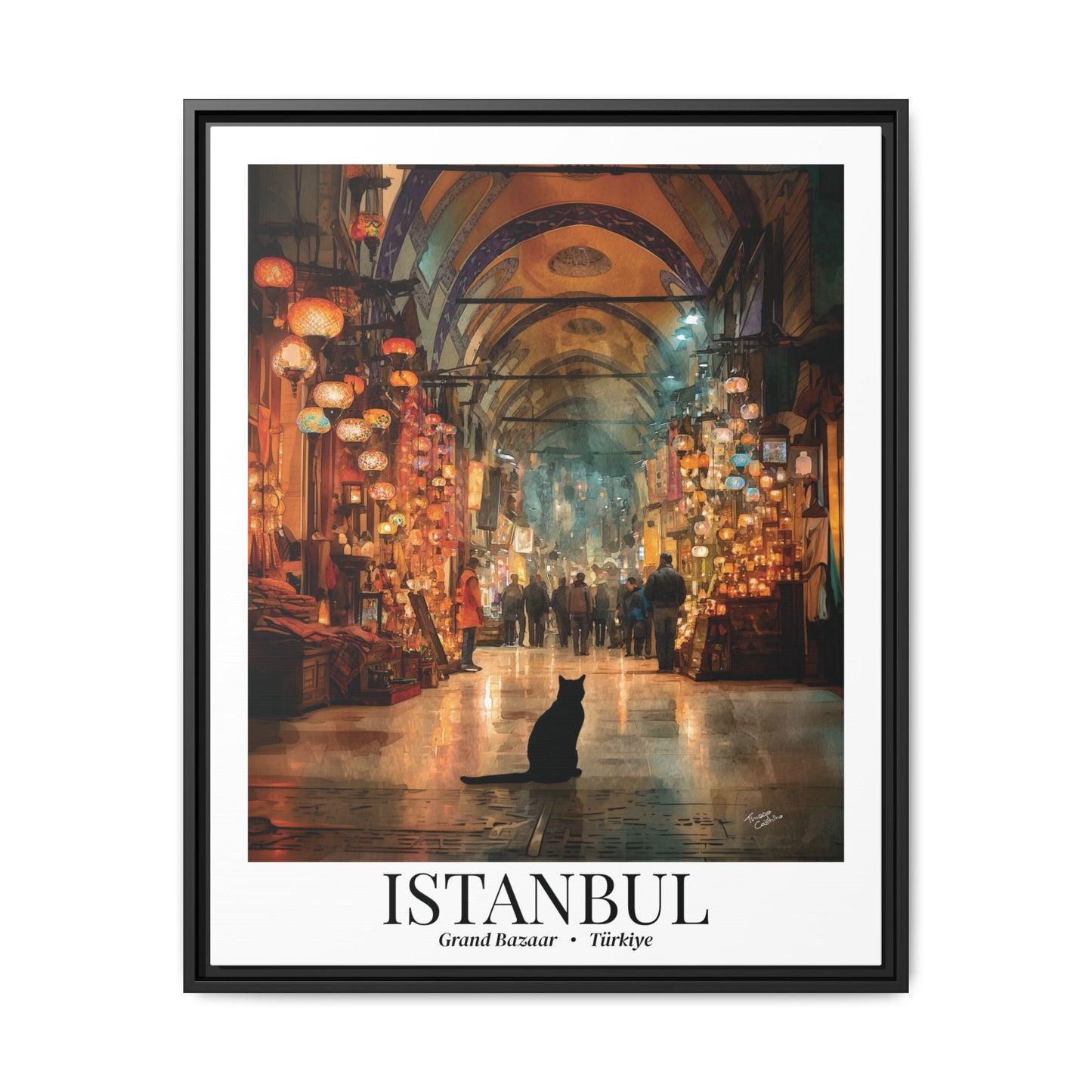 Istanbul Grand Bazaar Framed Canvas Print — Vintage Travel Poster with Cat