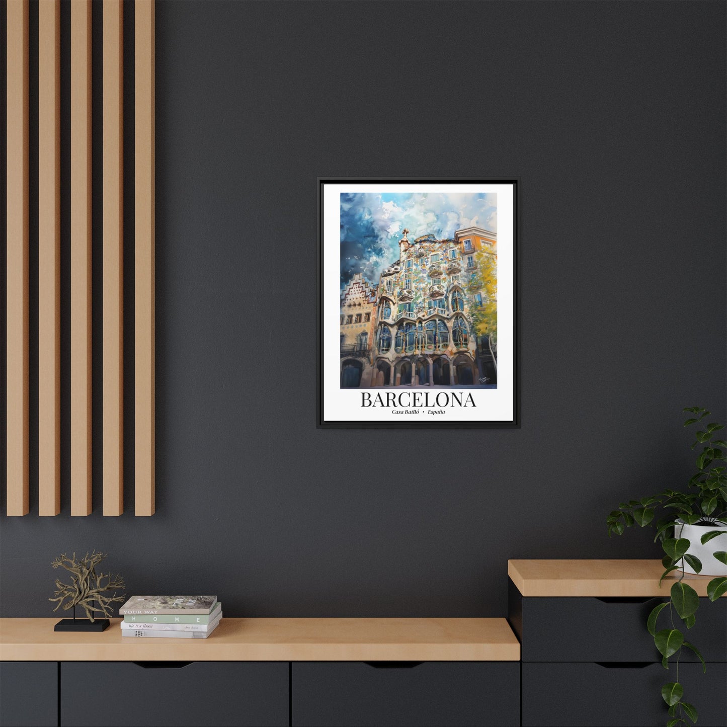 Barcelona Framed Canvas Wall Art – Casa Batlló Print, Cruise Port Memory, Spain Travel Decor, Mediterranean Gift for Architecture Lovers