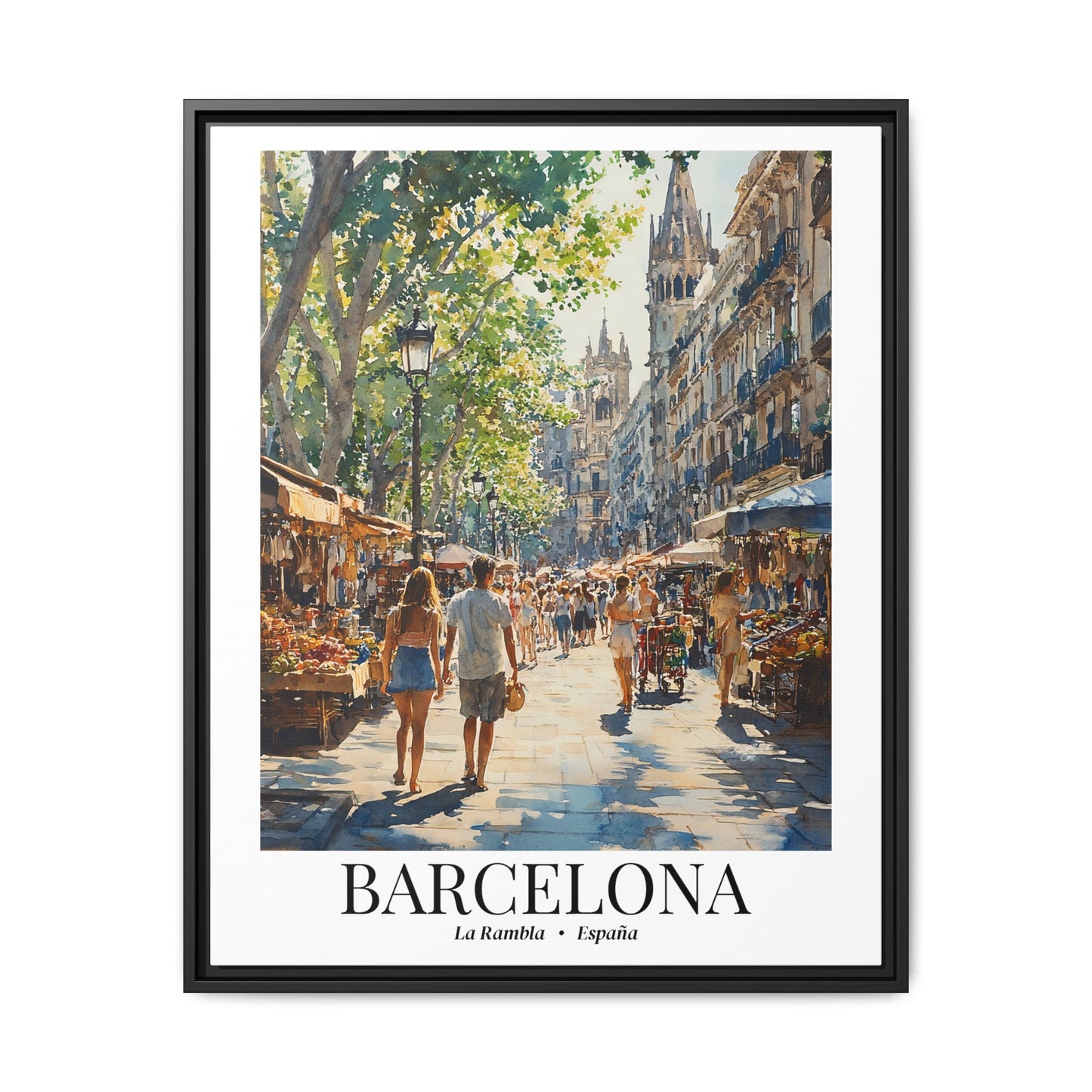 Barcelona Framed Canvas Wall Art – La Rambla Street Scene Print, Cruise Port Memory, Spain Travel Decor, Mediterranean Gift for City Lovers